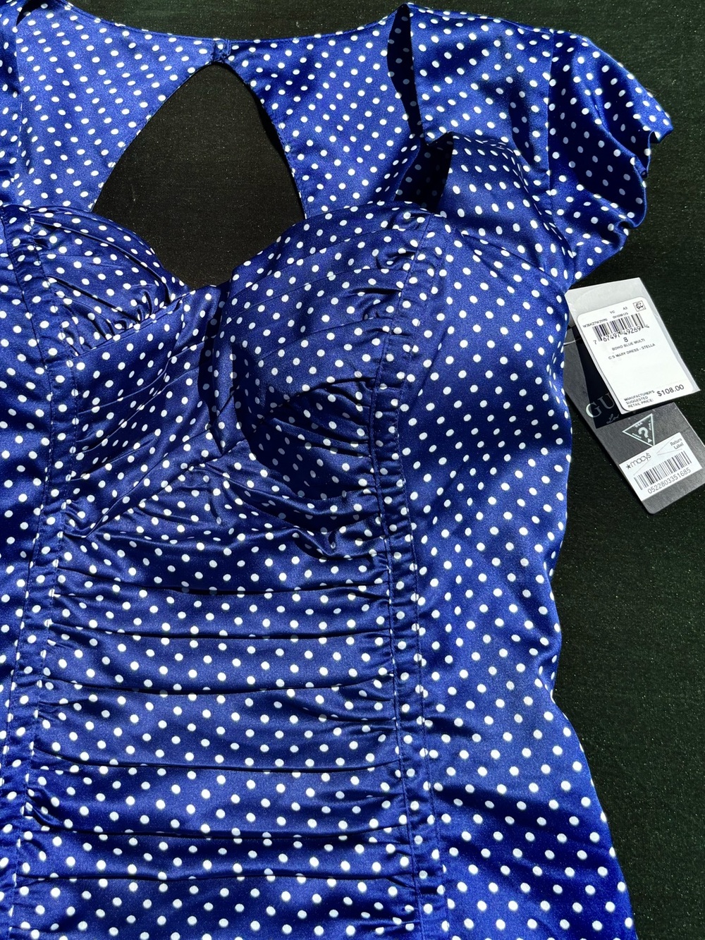 Guess Royal Blue Polka Dot Ruched Midi Dress - Picture 2 of 4